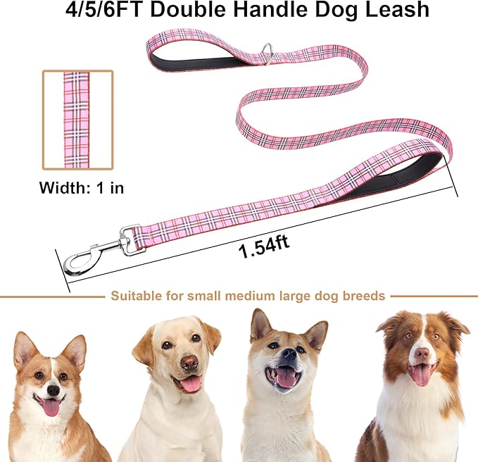 6ft Dog Leash with Two Padded Handles, Heavy Duty Strong Nylon Pet Leash with Soft Neoprene Handle for Small Medium Large Dogs, Pink Plaid