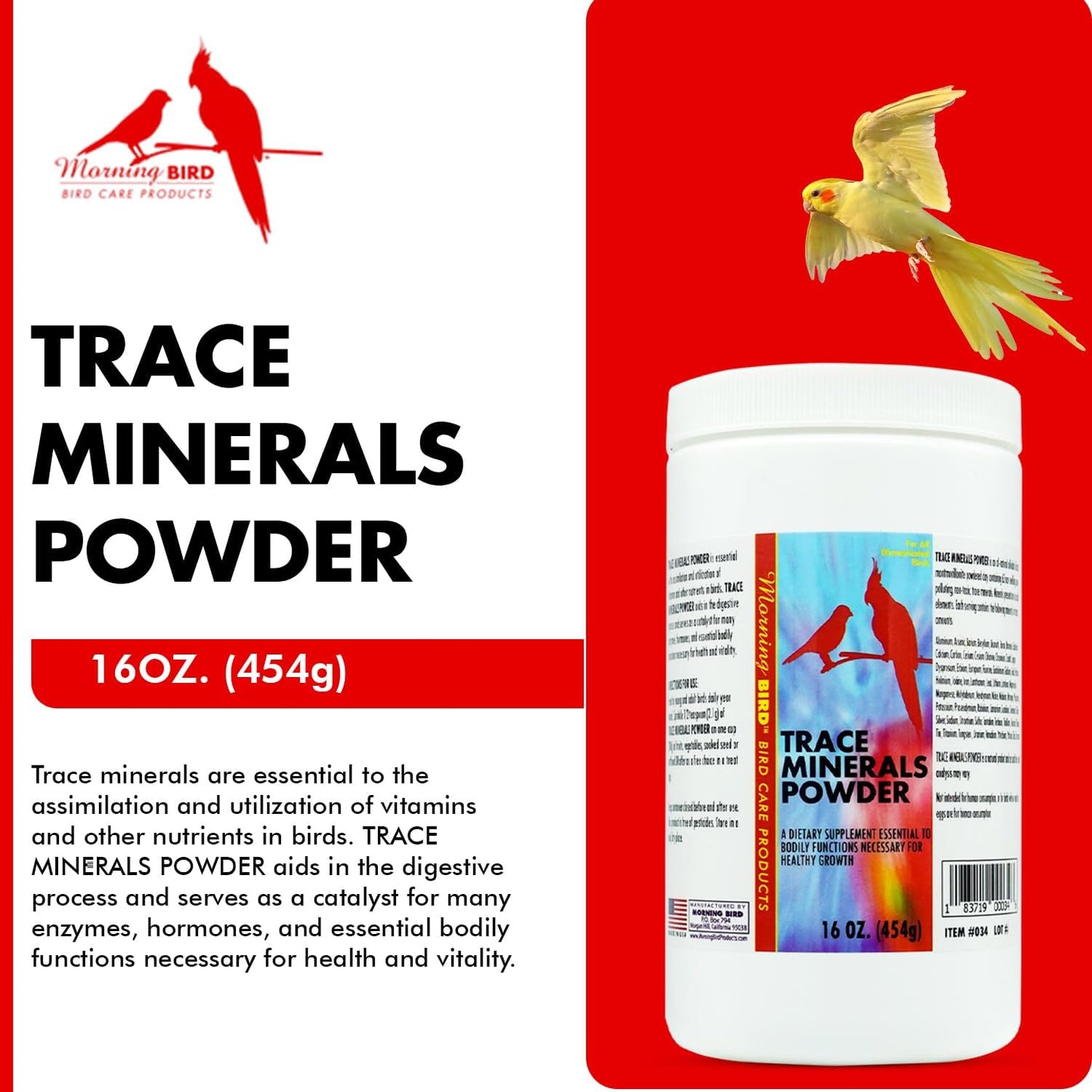 Morning Bird Trace Minerals Powder 16 Oz – Complete Mineral Supplement for Birds – Promotes Energy, Metabolism & Enzyme Activity – Easy to Mix for Daily Vitamin Support.