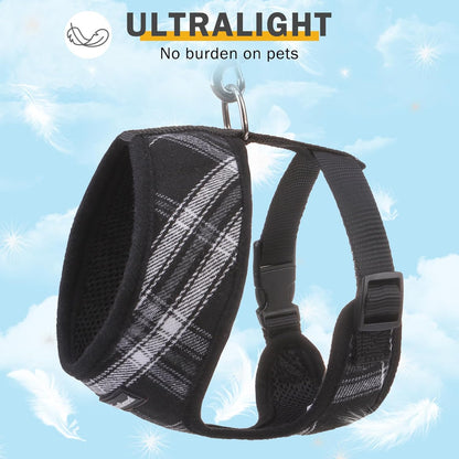 SCENEREAL No Pull Dog Harness Collar and Leash Set Small Medium Sized Dog, Soft Mesh Step in Puppy Harnesses, No Chock Plaid Adjustable Pet Vest for Outdoor Walking Training and Running, Black M