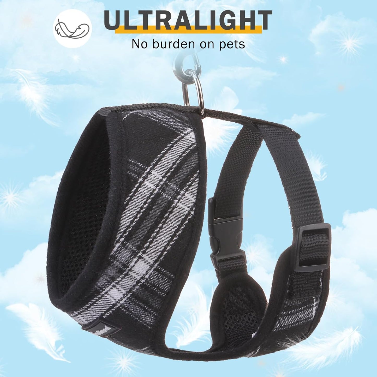 SCENEREAL No Pull Dog Harness Collar and Leash Set Small Medium Sized Dog, Soft Mesh Step in Puppy Harnesses, No Chock Plaid Adjustable Pet Vest for Outdoor Walking Training and Running, Black S