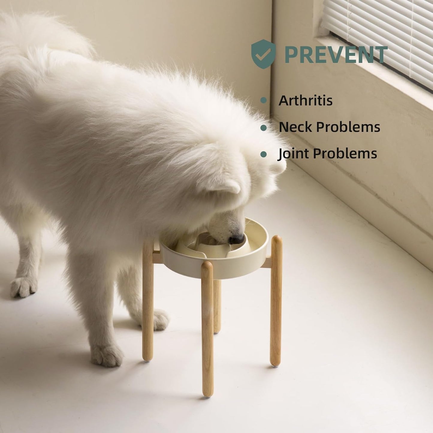 Ceramic 3.2 Cup Raised Slow Feeder Dog Bowl Set, Elevated Bowl with Wooden Stand for Large Dog, 9.5inch Puzzle Slow Pet Food Dish, Anti-Gulping(Beige, Single Bowl+ Stand)