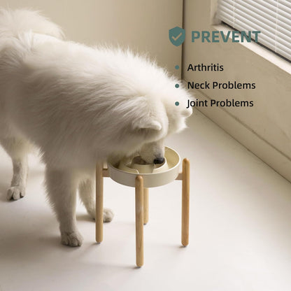 Ceramic 3.2 Cup Raised Slow Feeder Dog Bowl Set, Elevated Bowl with Wooden Stand for Large Dog, 9.5inch Puzzle Slow Pet Food Dish, Anti-Gulping(Beige, Single Bowl+ Stand)