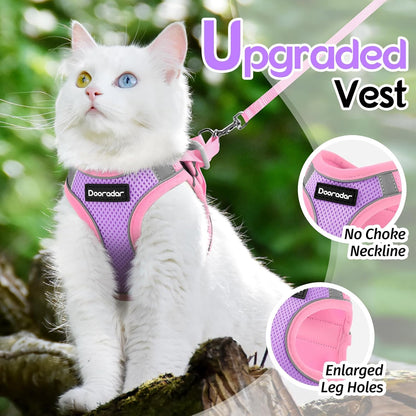 Dooradar Cat Harness and Leash Set, Escape Proof Lightweight Kitten Harness, Soft Breathable Reflective Vest for Outdoor Walking Traveling, Adjustable for Large Cats, Purple & Pink, L
