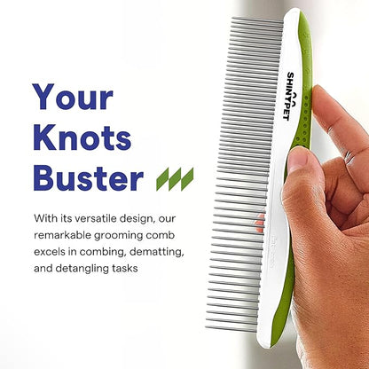 Dog & Cat Comb – Removes Tangles, Knots, and Matted Fur – Grooming Tool with Stainless Steel Teeth and Non-Slip Handle – Best Pet Hair Comb for Home Grooming Kit – Includes eBook Guide