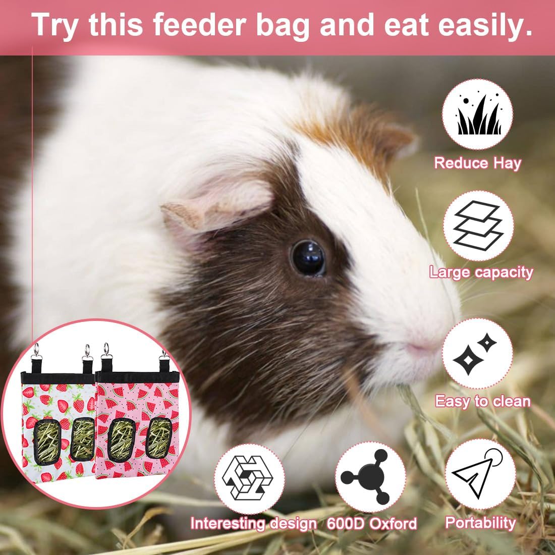 DZWLKJ Guinea Pig Hay Feeder, 2 Pack, 11 x 9 x 1 Inches, Rabbit Hay Feeder Bag, Stainless Steel, 600D Oxford, Watermelon and Strawberry