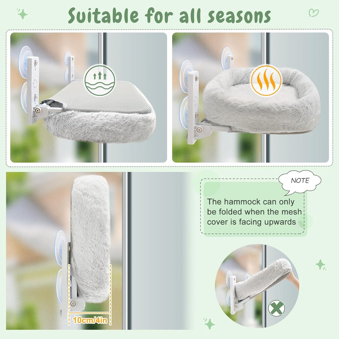 Sunhoo 2PCS Cat Window Perch Hammock Cordless Kitty Sunny Bed Seat Window Sill Shelf for Inside Cats Foldable Lounger with 4 Strong Suction Cups Soft Plush Cover 21 * 11.8 in Holds up to 40lbs (Grey)