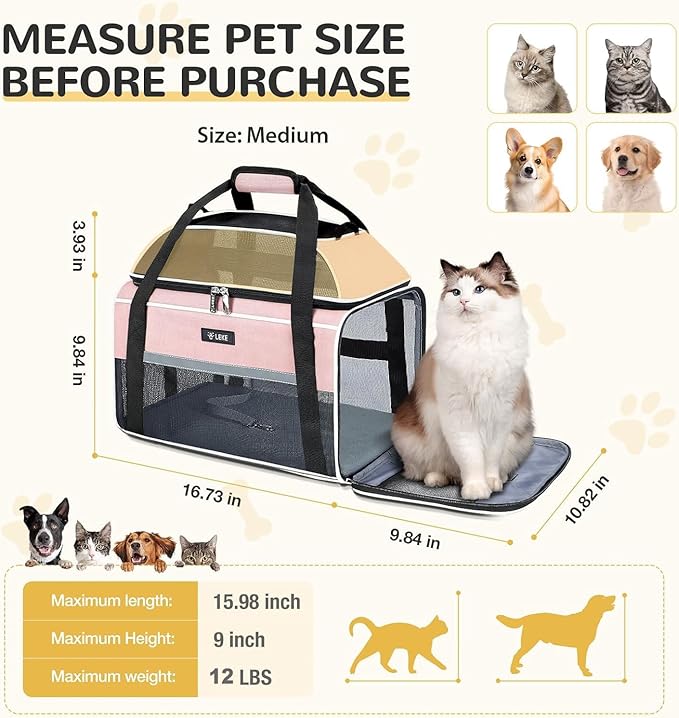 Lekereise Top-Expandable Pet Carrier - TSA Airline Approved Soft Sided Underseat Up to 12lbs Travel Carriers for Small Cats and Dogs with Locking Safety Zippers Anti-Scratch Mesh Pink