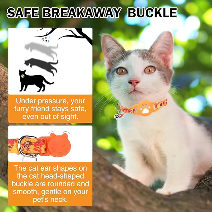AirTag Cat Collar with Bells, Fall Cat Collar Breakaway with Airtag Holder, Safety Cat GPS Tracker Collars for Girl Boy Cats, Kittens and Puppies, Adjustable 8"-12"