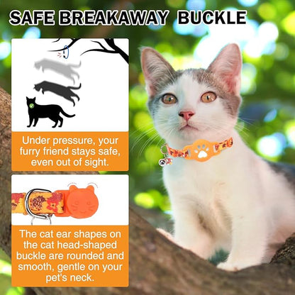 AirTag Cat Collar with Bells, Fall Cat Collar Breakaway with Airtag Holder, Safety Cat GPS Tracker Collars for Girl Boy Cats, Kittens and Puppies, Adjustable 8"-12"