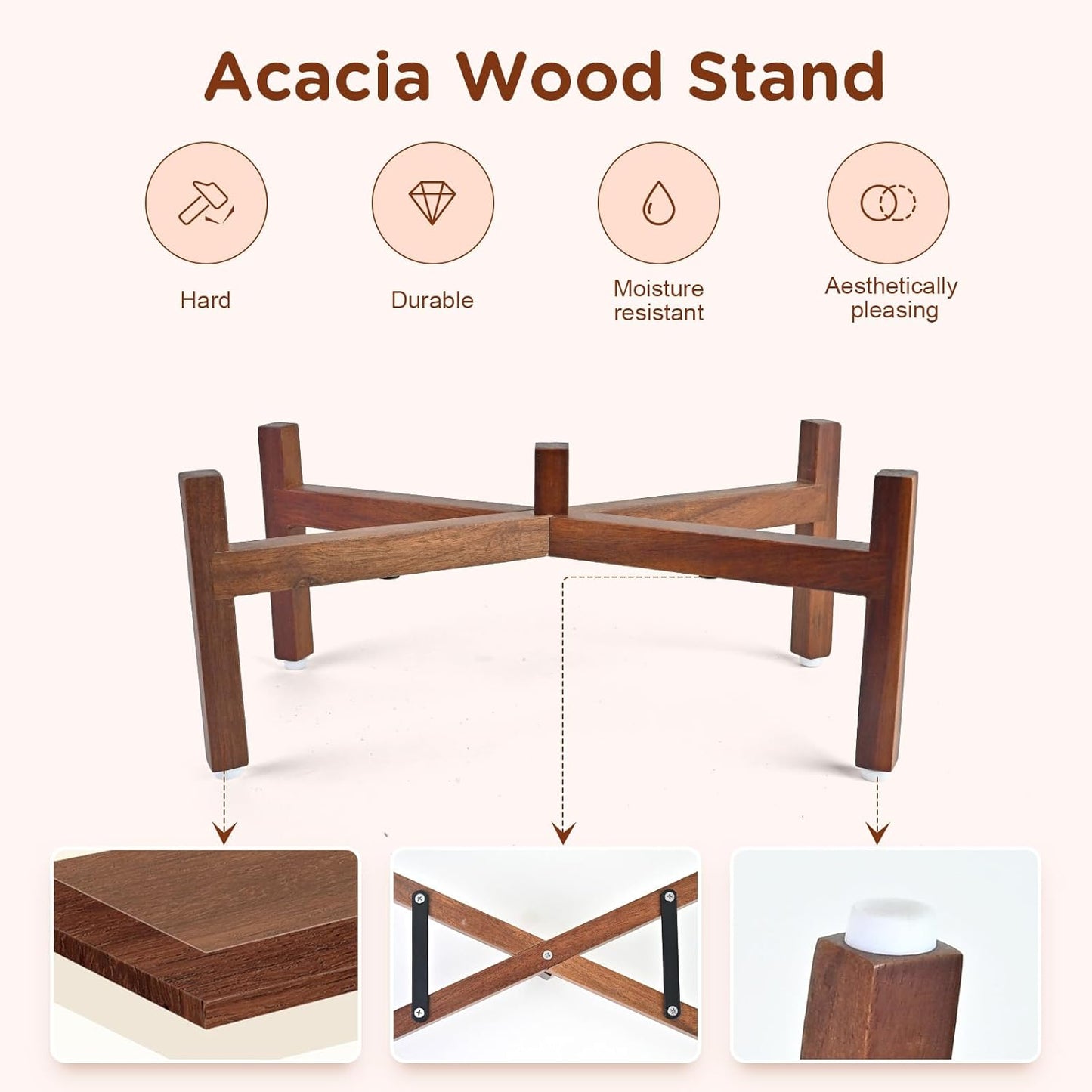 SPUNKYJUNKY Ceramic Dog Bowls with Acacia Wood Stand Raised Food and Water Bowl for Small Medium Sized Dog (18.5cm)