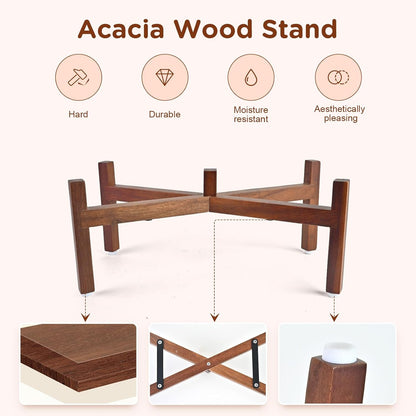 SPUNKYJUNKY Ceramic Dog Bowls with Acacia Wood Stand Raised Food and Water Bowl for Small Medium Sized Dog (18.5cm)