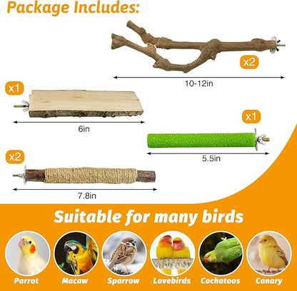 kathson 5pcs Natural Parrot Perch for Cage Wooden Bird Perches Grape Bird Stick Parakeet Climbing Standing Branches Toy Chewable Cage Accessories for Small Budgies Cockatiels Lovebirds Budgies