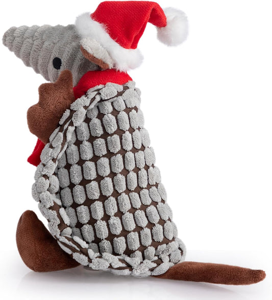 Hollypet Plush Dog Squeaky Toy Stuffed Armadillo Animal Pet Puppy Chew Toys with Clean Teeth for Small Medium Large All Breed Sizes Dogs, Christmas Gray, 8 in