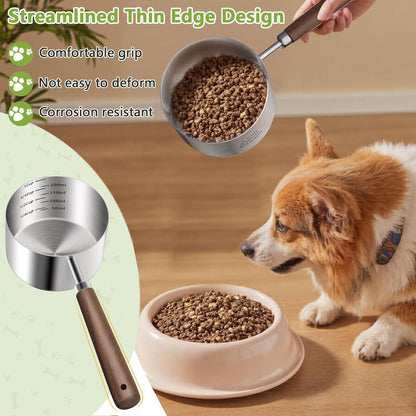 Dog-Cat Food Scoop 1 Cup, 304 Stainless Steel Measuring Cup with Long Wooden Handle, Pet Food Scoop for Rabbit, Easy to Clean Precise Scale