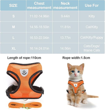 shudyear Summer cat Chest Harness and Leash, Anti-Escape Adjustable Soft mesh cat Leash and Chest Harness Set for All Types of Cats cat Vests (Size L, Orange)