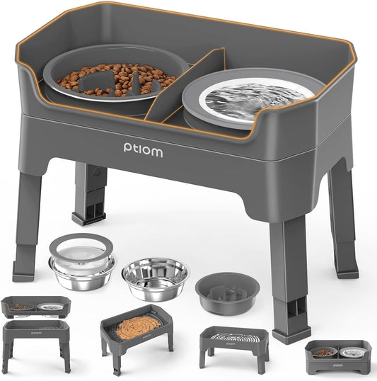 4-in-1 Elevated Slow Feeder Dog Bowls, 4 Height Adjustable Mess Proof Raised Dog Bowl Stand with No Spill Water Bowl, Stainless Steel Doggy Food Dish & Slow Feeder for Large Medium Small Pets