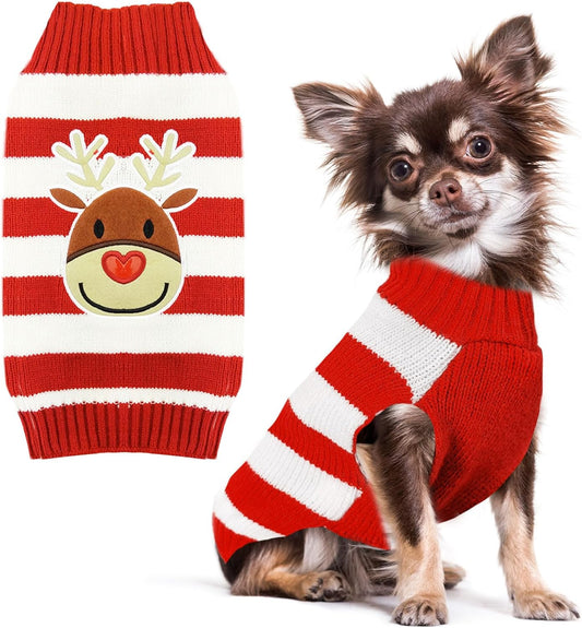 PETCARE Reindeer Christmas Dog Sweater Red Striped Cat Sweater Cartoon Elk Pet Vest Holiday Dog Clothes Puppy Sweaters for Small Medium Large Dogs Cats Fall Winter Outfits Xmas Dogs Costume,X-Small