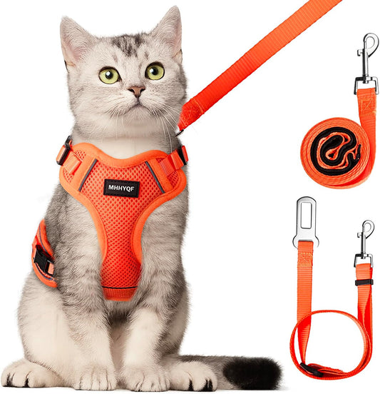 Cat Harness and Leash for Walking Escape Proof Soft Adjustable Cat Leash Breathable Comfortable Vest Easy to Wear Kitten Harness for Outdoor Travel, Orange, M