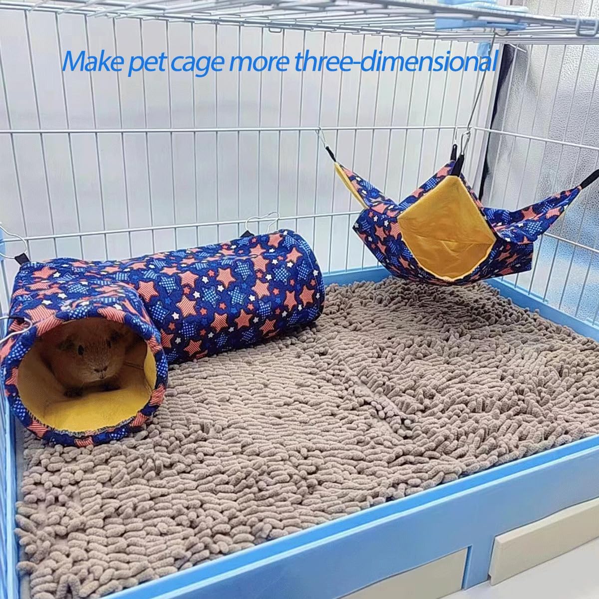 Guinea Pig Rat Tunnel Ferret Hammock, Small Animal Corner Tunnel & Tubes & Bed for Hedgehog Piggy Chinchilla Hideout Toys and Cage Accessories (3.Hammock&Tunnel)