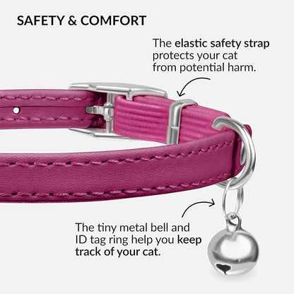 CollarDirect Leather Cat Collar with Bell - Kitten Collar, Small and Big Cat Strap for Boy Cats, Girl Cats with Safety Elastic Strap (Neck Fit 6"-7", Pink)