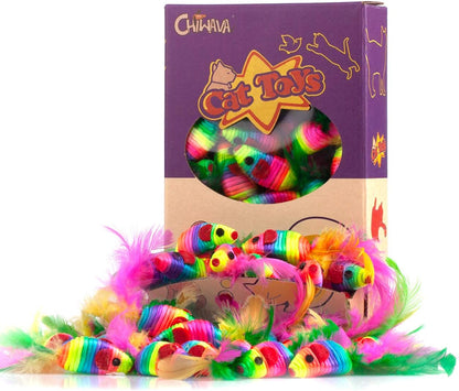 CHIWAVA 24PCS 5" Rattle Cat Toys Mice with Feathers Rainbow Rope Mouse Kitten Interactive Toy Assorted Color