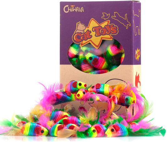 CHIWAVA 24PCS 5" Rattle Cat Toys Mice with Feathers Rainbow Rope Mouse Kitten Interactive Toy Assorted Color