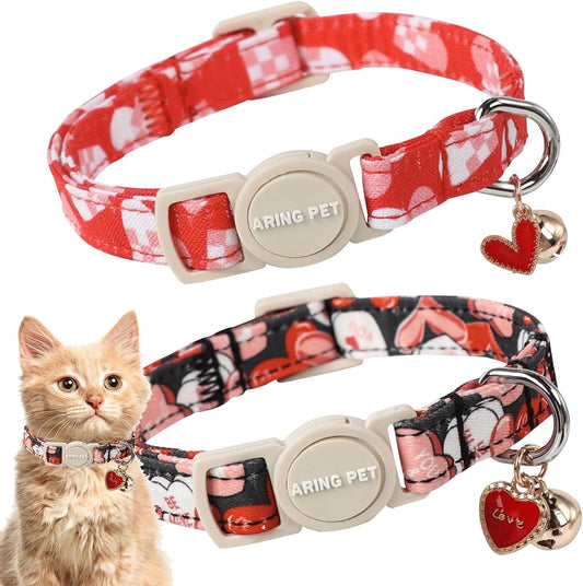 ARING PET 2 Pack Valentine's Day Cat Collars-Cute Heart Cat Collar Breakaway with Bell&Pendant, Adjustable Valentine Kitten Collars with Safety Buckle for Girl and Boy Cats