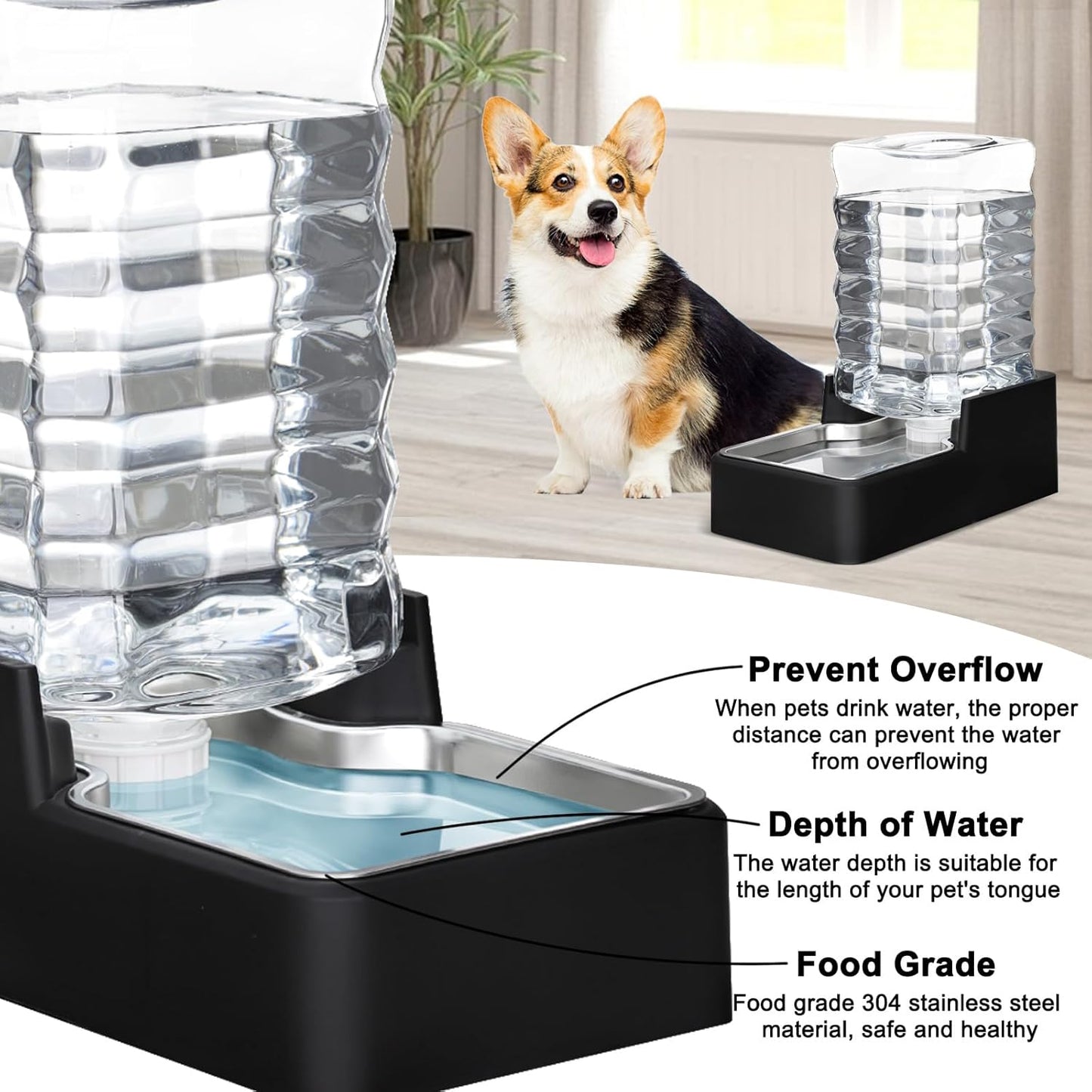 RIZZARI Stainless Steel Pet Water Feeder: 8.5L Black Automatic Leak-Proof Gravity Dispenser for 30-60 LB Dogs with Arthritis - Without Filter - Ideal for Garage Living Room