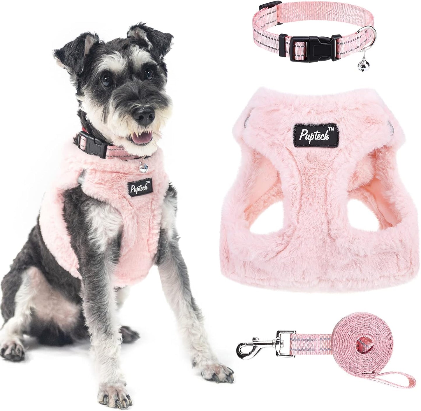 PUPTECK Adjustable Dog Harness Collar and Leash Set Step in No Pull Pet Harness for Small Medium Dogs Puppy and Cats Outdoor Walking Running, Soft Mesh Padded Reflective Vest Harnesses, Plush Pink M