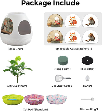 Copod8 Cat Cave, 3-in-1 Kitty House Condo with Plant, Cat Cushioned Bed, Cat Scratchers, Modern Cat Pet Furniture for Indoor, Kitty Hiding Spot (White, M)