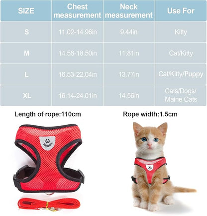Shudyear Cat Harness and Leash, Adjustable Soft Mesh, Anti-Escape, Reflective Design, Size M, Red