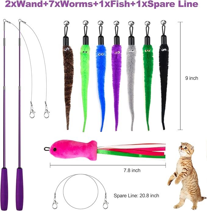 11PCS Cat Wand Toy, Cat Interactive Toys for Indoor Cats, 2 Retractable Cat Wand, 7 Worm Cat Teaser Toys and 1 Plush Fish Cat Toy, Cat Feather Toys for Play Chase Exercise with Kitten, Extra 1 Line