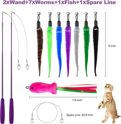 11PCS Cat Wand Toy, Cat Interactive Toys for Indoor Cats, 2 Retractable Cat Wand, 7 Worm Cat Teaser Toys and 1 Plush Fish Cat Toy, Cat Feather Toys for Play Chase Exercise with Kitten, Extra 1 Line
