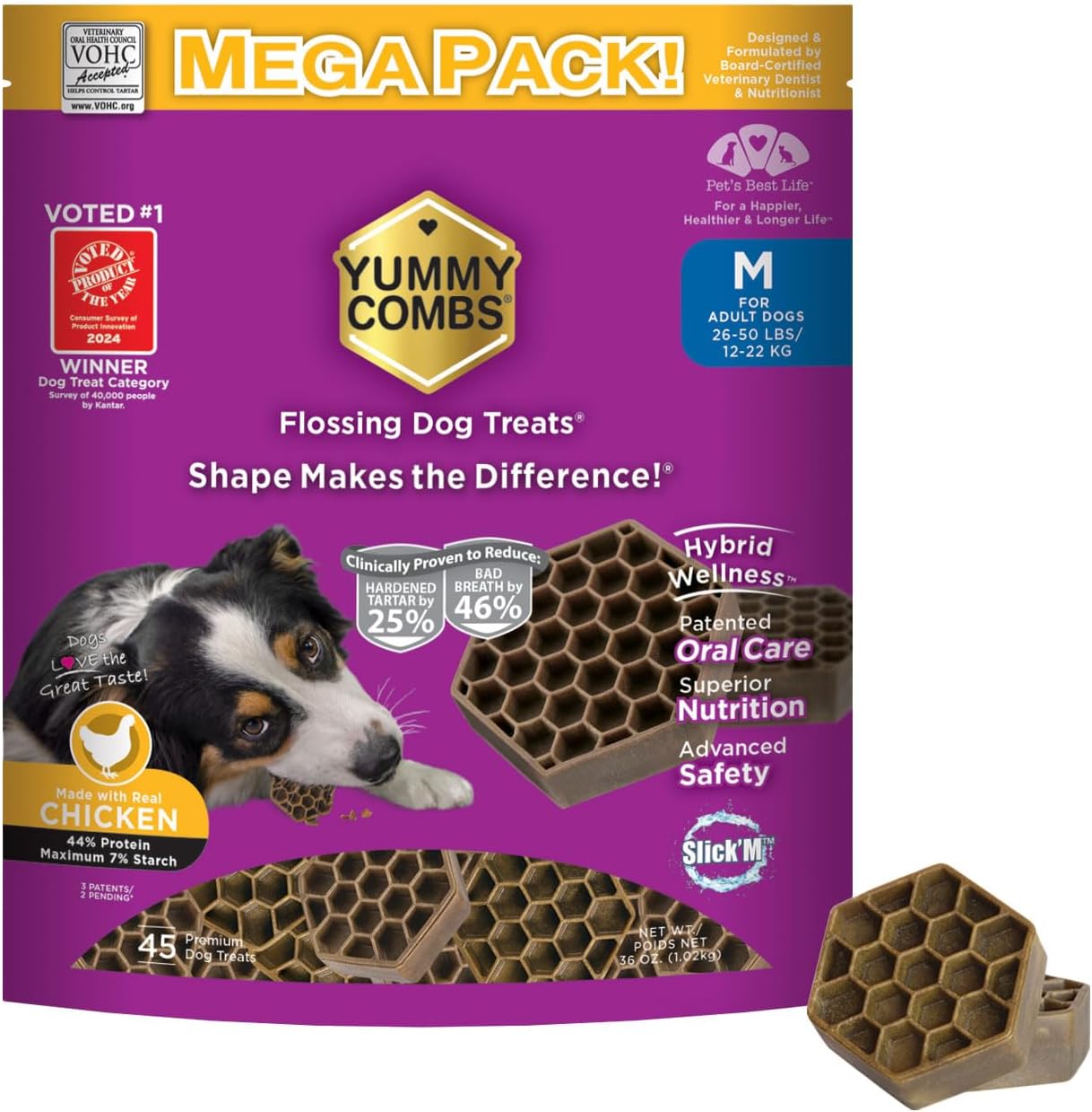 Yummy Combs Dog Dental Treats – Vet VOHC Approved – Delicious Chicken Protein – Removes Tartar with Cleaning Comb Shape – Dental Dog Treats for Medium Dogs (36oz, 45 Count)