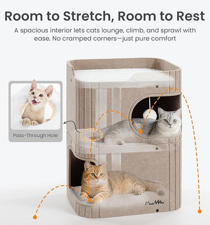 Made4Pets Cat House for Indoor Use, 2-Storey Cube Bed Cave, Covered Hideaway Condo with Scratch-Resistant Felt, Foldable Easy-to-Clean Design for Multi-Cat Homes, Beige