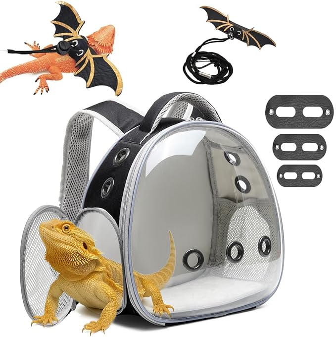 Bearded Dragon Lizard Backpack Carrier with Harness and Leash Set, Small Animal Carrier Backpack, Space Capsule Bubble Window, Small Pet Carrier Backpack, Airline Approved (Black)