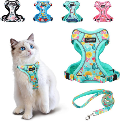 Halypet Cat Harness and Leash Set[MAX Safety 4th-Gen] Cute Escape Proof Vest Harness for Girl&Boy Cat Walking, Comfortable Adjustable Leash and Reflective Strips for Outdoor Kitten, S Green Tropics