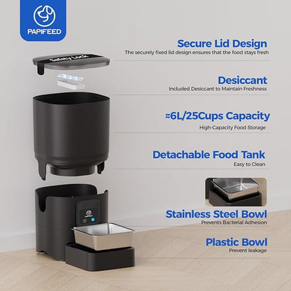 PAPIFEED 2.4G WiFi Automatic Cat Feeder, 6L/25Cup Automatic Pet Feeder with APP Control for Remote Feeding, Detachable for Easy Clean, Cat Food Dispenser with Alexa,1-10 Meals Per Day for Dog, Black