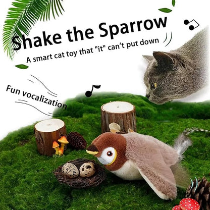 Interactive Chirping Bird Cat Toys with Flapping Wings, 2025 New Flying Birds Cats Toy, Flying Simulation Electric Sparrow Shaking Hunting Pet Toy for Indoor (Brown)