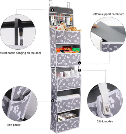 Dog Toy Basket - 5-Shelf Hanging Organizer with 2 Metal Hooks, 5 Pockets for Dog Leash, Harness, Toys & Treats - 62.5''(H) Bone Claw Print