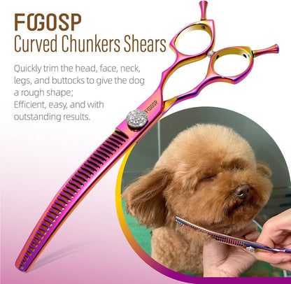 45°Curved Dog Grooming Scissors Curved Thinning Shears Curved Chunkers Dog Shears 3Pcs Combo (RoseRed)