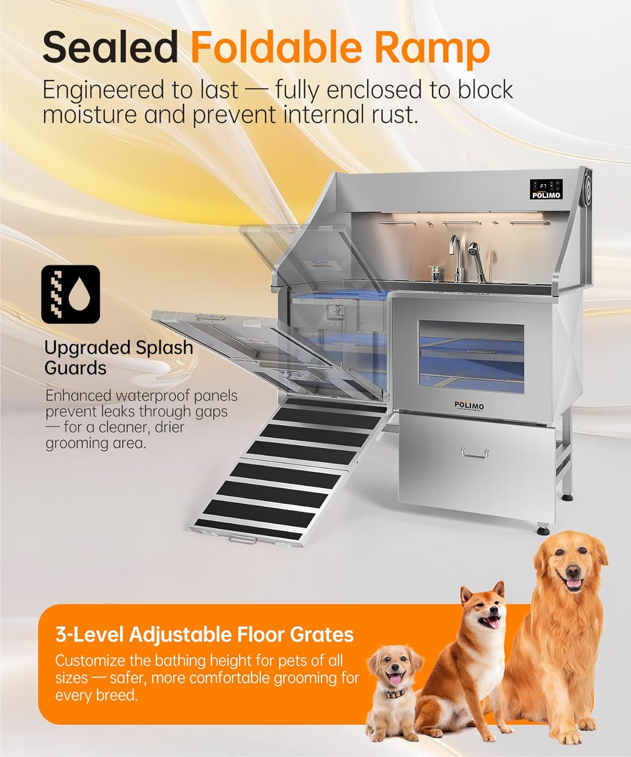 POLIMO Dog Washing Station with Pet Dryer & LED, Professional Dog Bathing Station for Large, Medium & Small Dogs – with Window, Ramp, Drawer, Floor Grate, LED Display & Faucet (Left Ramp & Dryer, 50")