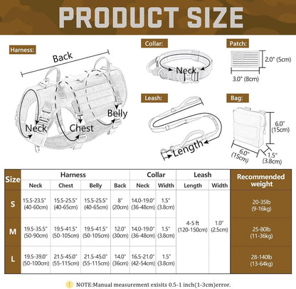 Forestpaw Tactical Dog Harness for Large Dogs,Tactical Dog Collar with Bungee Leash Set,No Pull Military Dog Harness for Walking Training,Adjustable for Medium Large Dogs,Black,Chest 21.5-45"