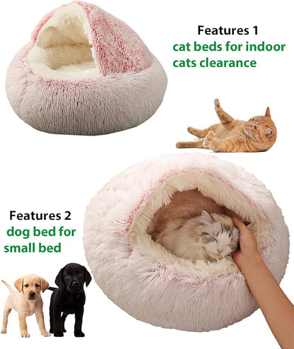 ShinHye Cozy Cat Bed - Round Plush Fluffy Hooded Cave, Indoor/Outdoor, Waterproof & Washable, Calming Anti-Anxiety Design - 23x23inch, Pink