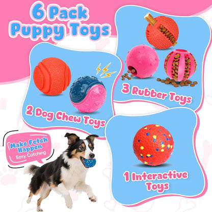 Dog Balls 6 Pack, Puppy Toys for Small & Medium Dogs, Interactive Dog Fetch Ball, Squeaky Chew Toys for Teeth/Slow Feeder/IQ Training/Playing, Dog Toys to Keep Them Busy