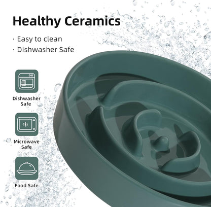 Ceramic 1.6 Cup Slow Feeder Dog Bowl for Medium and Large Breed, 8.2inch Puzzle Dog Food Dish, Anti-Gulping, Stop Bloat, Preventing Choking (Single Bowl-Dark Green)