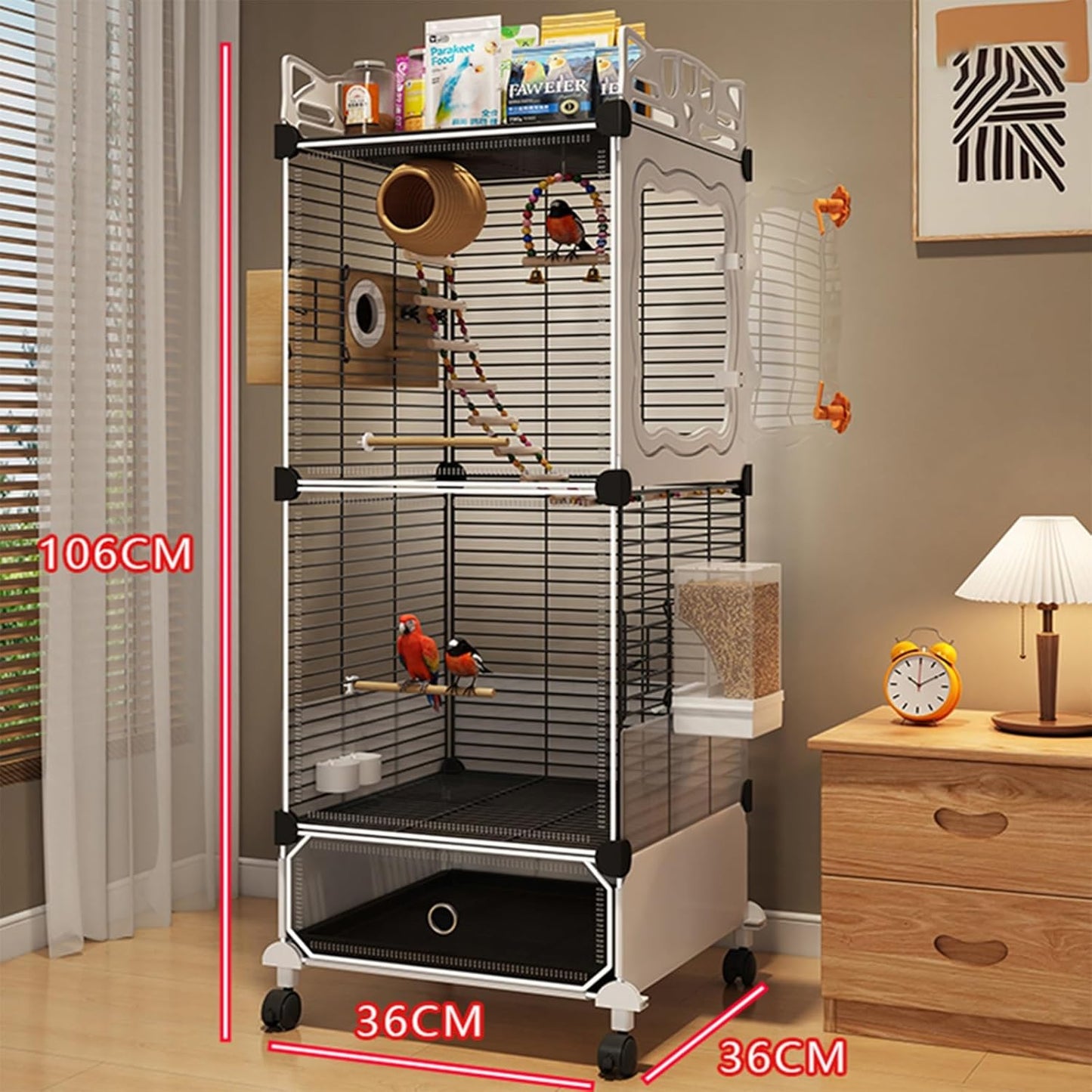 Large Parrot Cage with Acrylic Doors, 4 Casters, Perch & Feeder, Detachable Drawer, Ideal for Cockatiels, Budgies, Conures, Indoor/Outdoor Use – Spacious White Birdcage(Black,36 * 36 * 106)