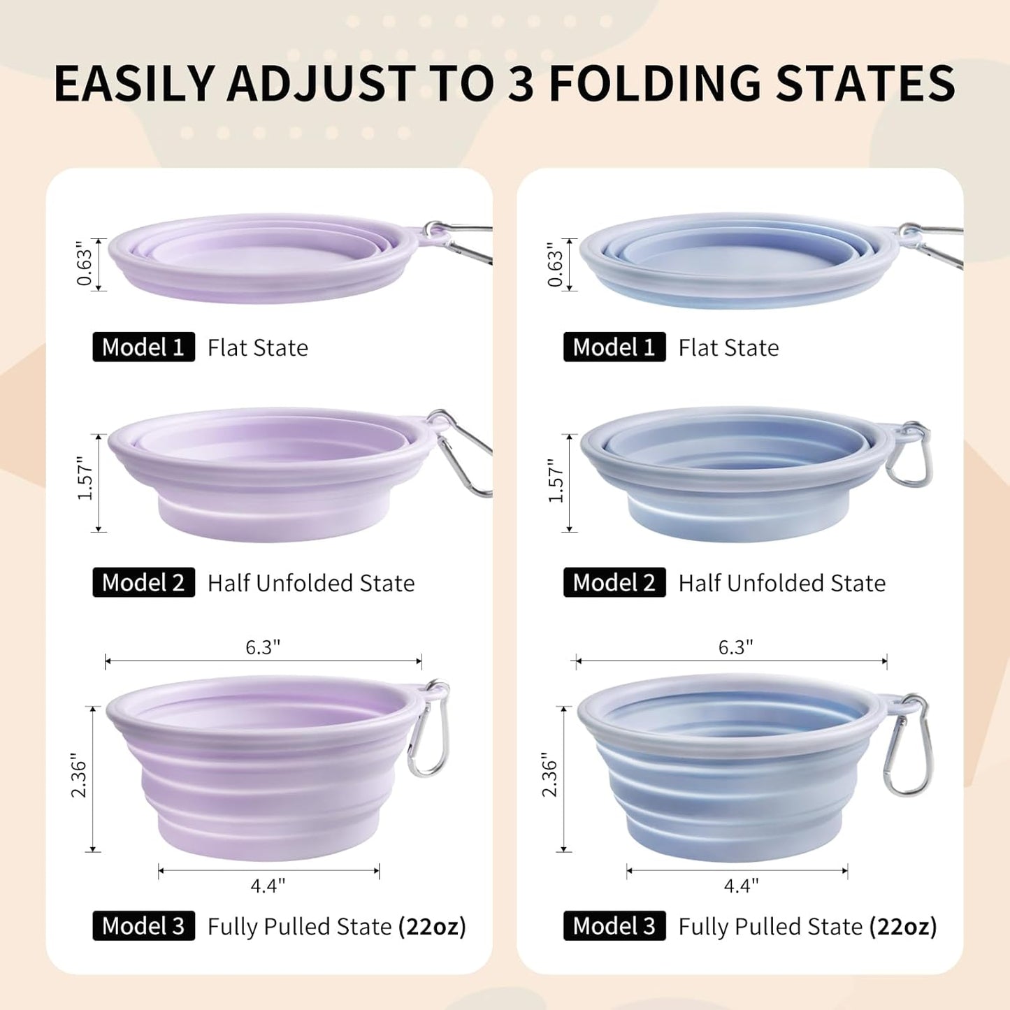 Collapsible Dog Bowls 2-Pack, Portable Travel Dog Bowl with Carabiner, Food-Grade Silicone Pet Bowl for Hiking, Walking (22 OZ Macaron Blue and Violet)