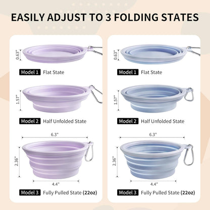 Collapsible Dog Bowls 2-Pack, Portable Travel Dog Bowl with Carabiner, Food-Grade Silicone Pet Bowl for Hiking, Walking (22 OZ Macaron Blue and Violet)