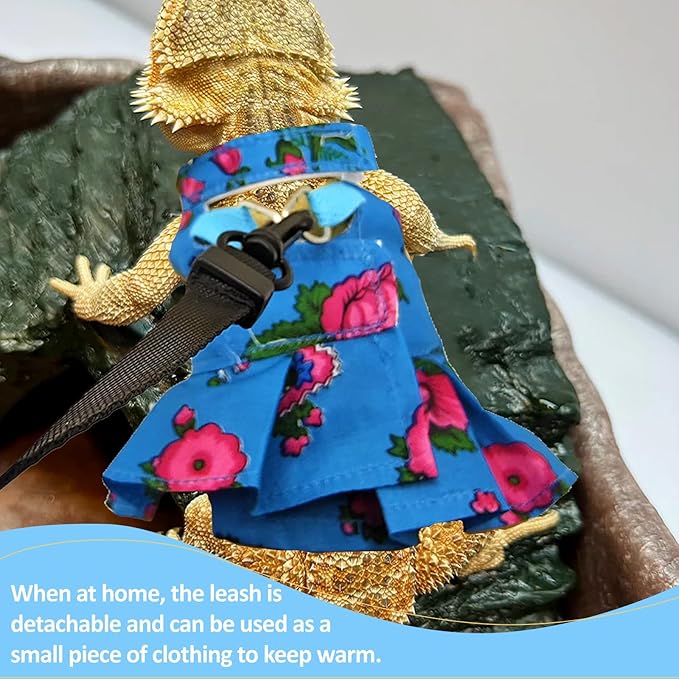 Lizard Harness Dress and Leash, Adjustable Hamster Ferret Harness and Leash Set, No-Pull Walking Vest for Lizard Small Animal Gecko Chameleon (Blue M)